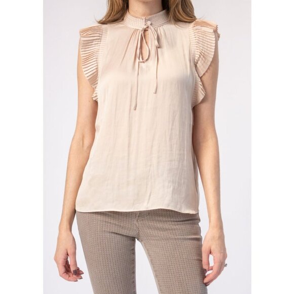 FRAME Pleated Flutter Sleeve Keyhole Satin Blouse in Parchment Size Large - Picture 1 of 5